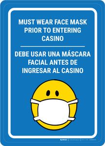 Must Wear Face Mask Prior to Entering Casino Bilingual Spanish Portrait with Emoji - Wall Sign