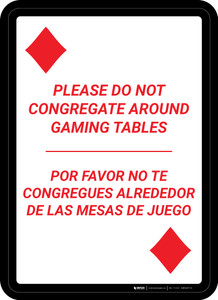 Please Do Not Congregate Around Gaming Tables Bilingual Spanish Portrait Diamond Playing Card - Wall Sign