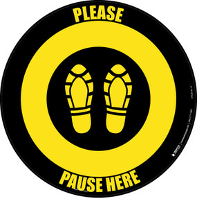 Please Pause Here Shoe Prints Black/Yellow Circular - Floor Sign