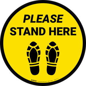 Please Stand Here Shoe Prints Yellow Circular - Floor Sign