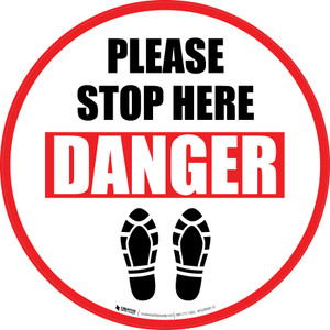 Please Stop Here Danger: Shoe Prints Circular - Floor Sign