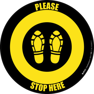 Please Stop Here Shoe Prints Black/Yellow Circular - Floor Sign