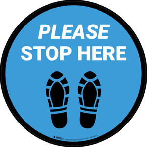 Please Stop Here Shoe Prints Blue Circular - Floor Sign