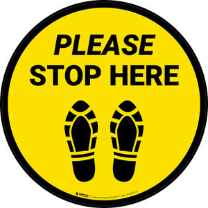 Please Stop Here Shoe Prints Yellow Circular - Floor Sign