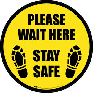 Please Wait Here Stay Safe Shoe Prints Border Circular - Floor Sign