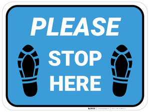 Please Stop Here Shoe Prints Blue Rectangle - Floor Sign