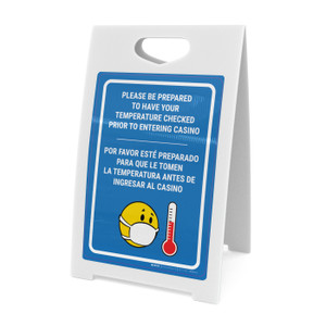 Temperature Check Prior to Entering Casino Bilingual Spanish Portrait with Emoji - A-Frame Sign Temperature Check Prior to Entering Casino Bilingual Spanish Portrait with Emoji - A-Frame Sign