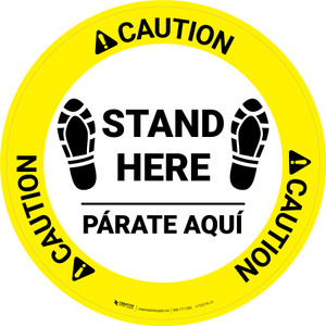 Caution: Stand Here Parate Aqui Shoe Prints Bilingual Spanish Circular - Floor Sign