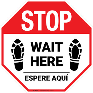 STOP Wait Here Espere Aqui Shoe Prints Bilingual Spanish Stop - Floor Sign