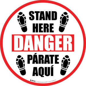 Stand Here Danger Parate Aqui Shoe Prints Bilingual Spanish Circular - Floor Sign