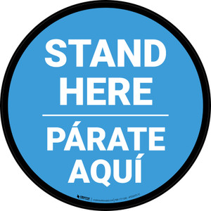Stand Here Parate Aqui Bilingual Spanish Blue Circular - Floor Sign