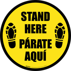 Stand Here Parate Aqui Shoe Prints Bilingual Spanish Yellow Circular - Floor Sign