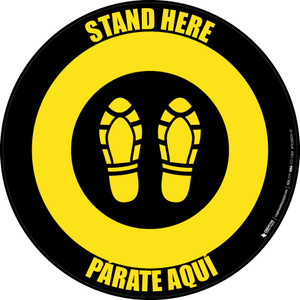 Stand Here Parate Aqui Shoe Prints Bilingual Spanish Yellow/Black Circular - Floor Sign