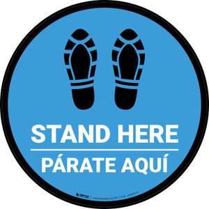 Stand Here Parate Aqui Shoe Prints Bilingual Spanish Blue Circular - Floor Sign