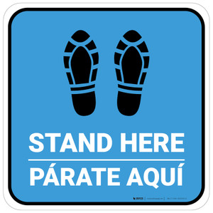 Stand Here Parate Aqui Shoe Prints Bilingual Spanish Blue Square - Floor Sign