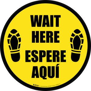 Wait Here Espere Aqui Shoe Prints Bilingual Spanish Black Border Circular - Floor Sign