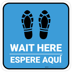 Wait Here Espere Aqui Shoe Prints Bilingual Spanish Blue Square - Floor Sign
