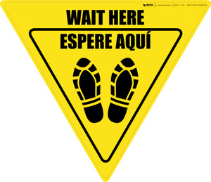 Wait Here Espere Aqui Shoe Prints Bilingual Spanish Yield - Floor Sign