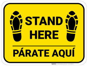 Stand Here Parate Aqui Shoe Prints Bilingual Spanish Yellow Rectangle - Floor Sign
