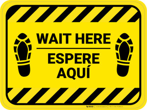Wait Here Espere Aqui Shoe Prints Bilingual Spanish Hazard Stripes Yellow Rectangle - Floor Sign