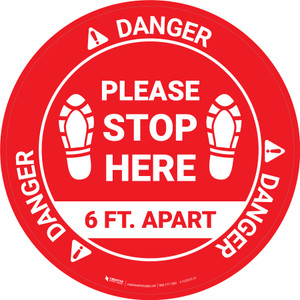 Danger: Please Stop Here 6 Ft Apart Shoe Prints OSHA Circular - Floor Sign