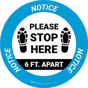 Notice: Please Stop Here 6 Ft Apart Shoe Prints Circular - Floor Sign