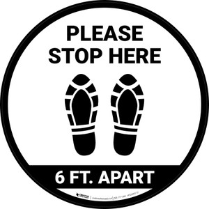 Please Stop Here 6 Ft Apart Shoe Prints Circular - Floor Sign