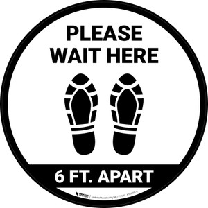 Please Wait Here 6 Ft Apart Shoe Prints Circular - Floor Sign