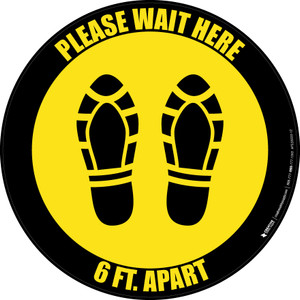 Please Wait Here 6 Ft Apart Shoe Prints Yellow Black Border Circular - Floor Sign