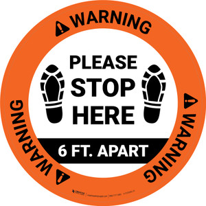 Warning: Please Stop Here 6 Ft Apart Shoe Prints Circular - Floor Sign