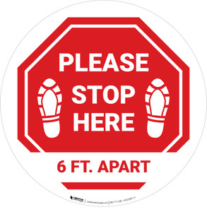 Please Stop Here 6 Ft Apart Shoe Prints Stop Circular - Floor Sign