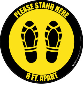 Please Stand Here 6 Ft. Apart Shoe Prints Yellow Black Border Circular - Floor Sign