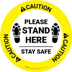 Caution: Please Stand Here Stay Safe Shoe Prints Circular - Floor Sign