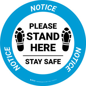 Notice: Please Stand Here Stay Safe Shoe Prints Circular - Floor Sign