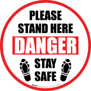 Please Stand Here Danger - Stay Safe Shoe Prints Circular - Floor Sign