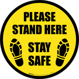 Please Stand Here Stay Safe Shoe Prints Black Border Circular - Floor Sign