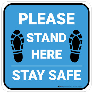 Please Stand Here Stay Safe Shoe Prints Blue Square - Floor Sign