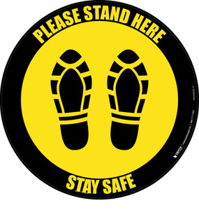 Please Stand Here Stay Safe Shoe Prints Yellow Black Border Circular - Floor Sign