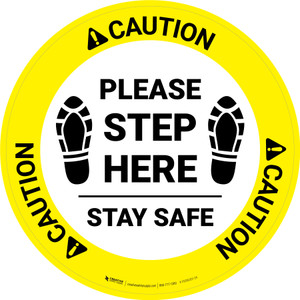 Caution: Please Step Here Stay Safe Shoe Prints Circular - Floor Sign