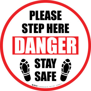 Please Step Here Danger: Stay Safe Shoe Prints Circular - Floor Sign