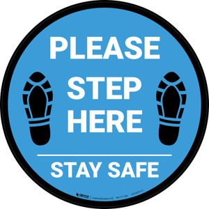 Please Step Here Stay Safe Shoe Prints Blue Circular - Floor Sign