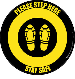 Please Step Here Stay Safe Shoe Prints Yellow/Black Circular - Floor Sign