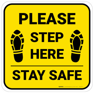 Please Step Here Stay Safe Shoe Prints Yellow Square - Floor Sign