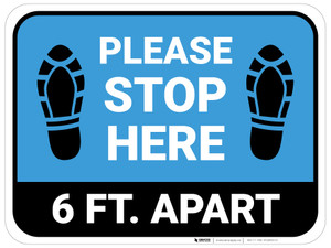 Please Stop Here 6 Ft Apart Shoe Prints Blue Rectangle - Floor Sign