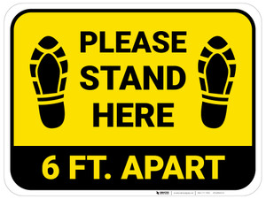 Please Stand Here 6 Ft. Apart Shoe Prints Yellow Rectangle - Floor Sign