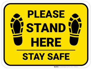 Please Stand Here Stay Safe Shoe Prints Yellow Rectangle - Floor Sign