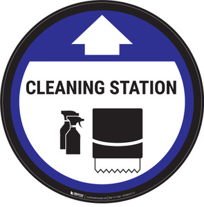Cleaning Station Arrow With Icon Blue - Circular - Floor Sign