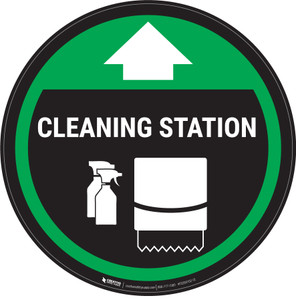 Cleaning Station Arrow With Icon Green - Circular - Floor Sign