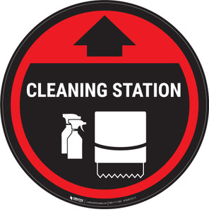 Cleaning Station Arrow With Icon Red - Circular - Floor Sign Cleaning Station Arrow With Icon Red - Circular - Floor Sign