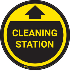 Cleaning Station With Arrow Yellow - Circular - Floor Sign